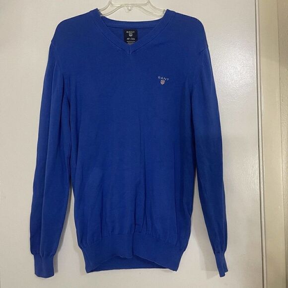 GANT vneck long sleeve blue knit Cotton pullover sweater with logo Men's large - Picture 1 of 5